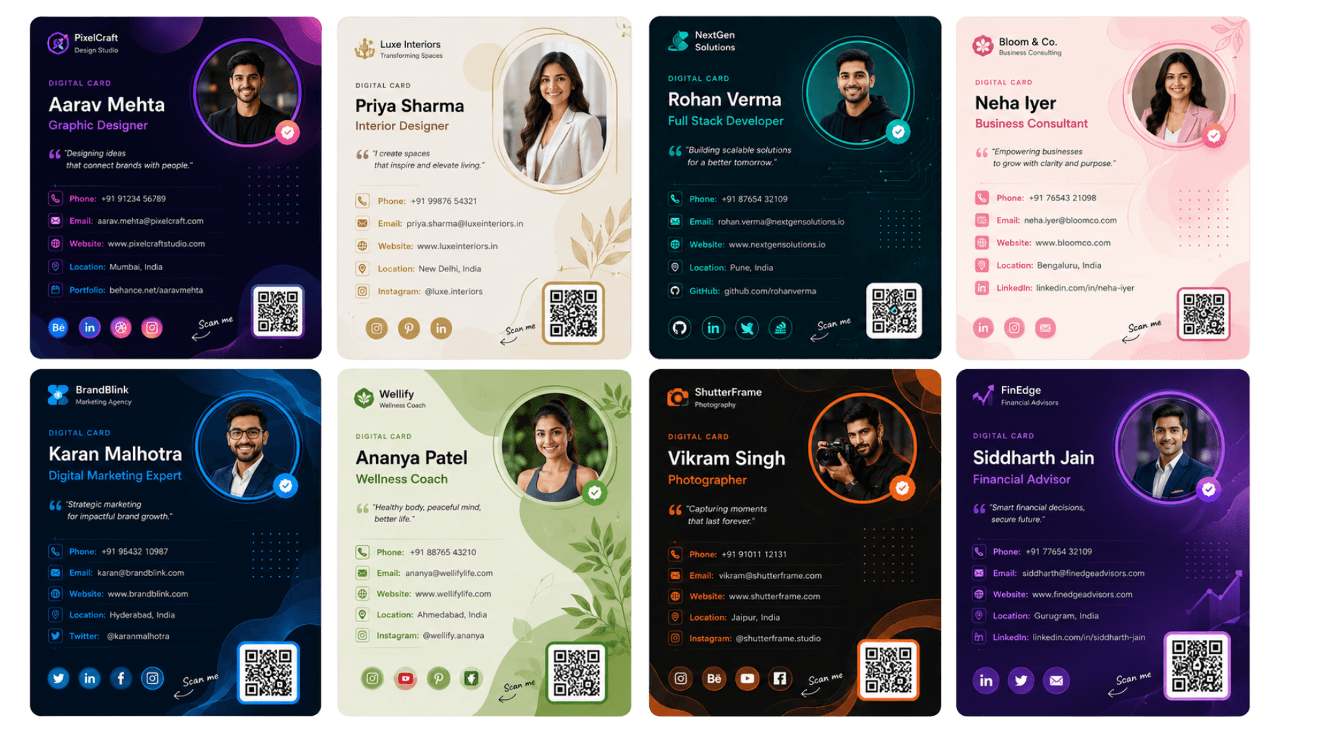 Eight premium digital business card designs created with Cardzi